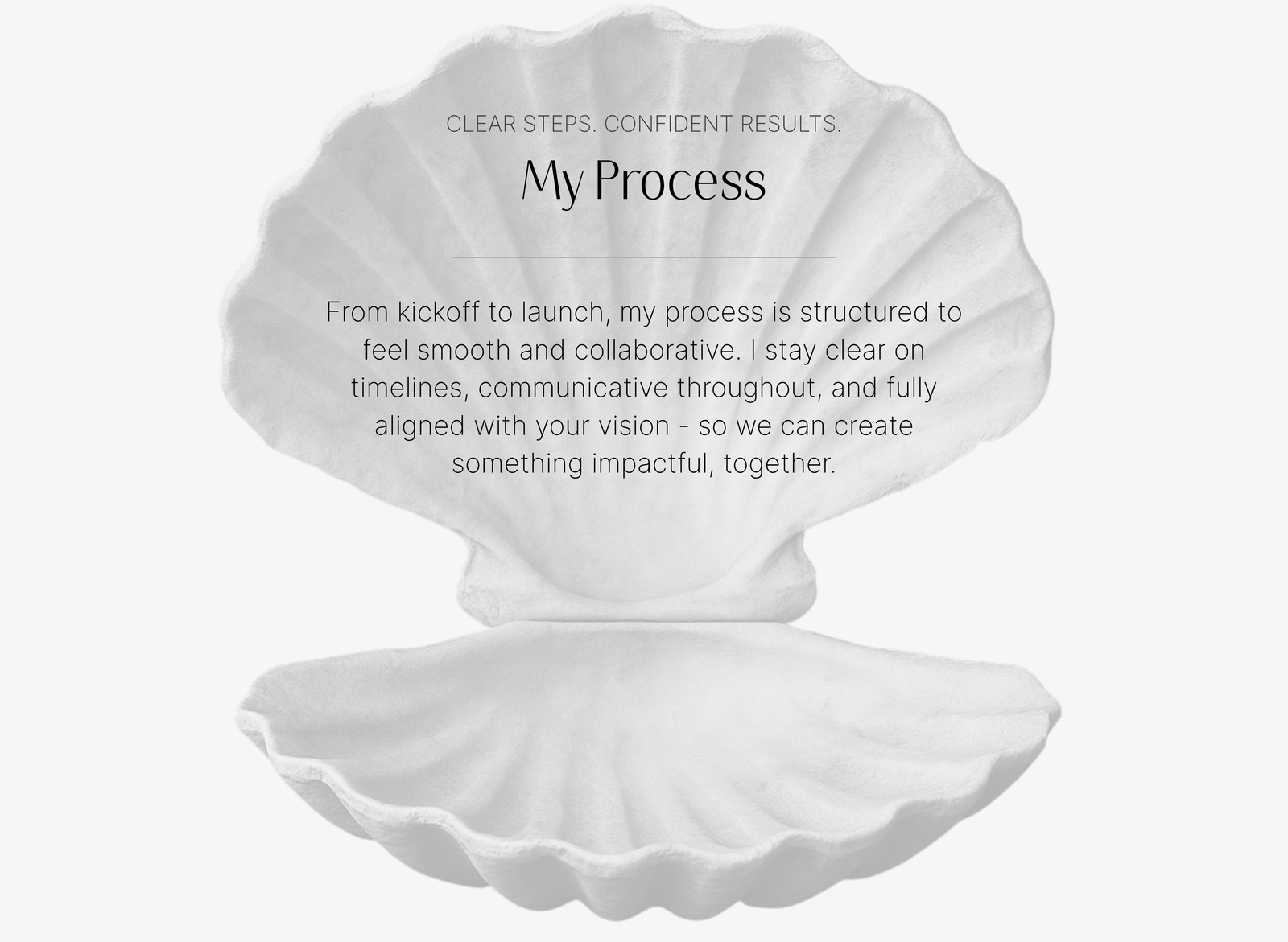 Open white seashell graphic with text overlay explaining a smooth and collaborative custom web design process, including clarity on timelines and aligned vision.