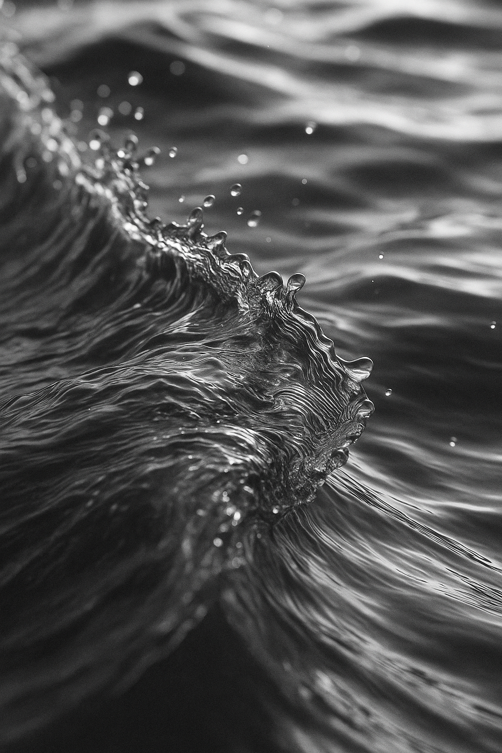 Black and white close-up of an ocean wave in motion, capturing fluid texture, light reflections, and suspended droplets – abstract visual used in custom web design for modern brands.