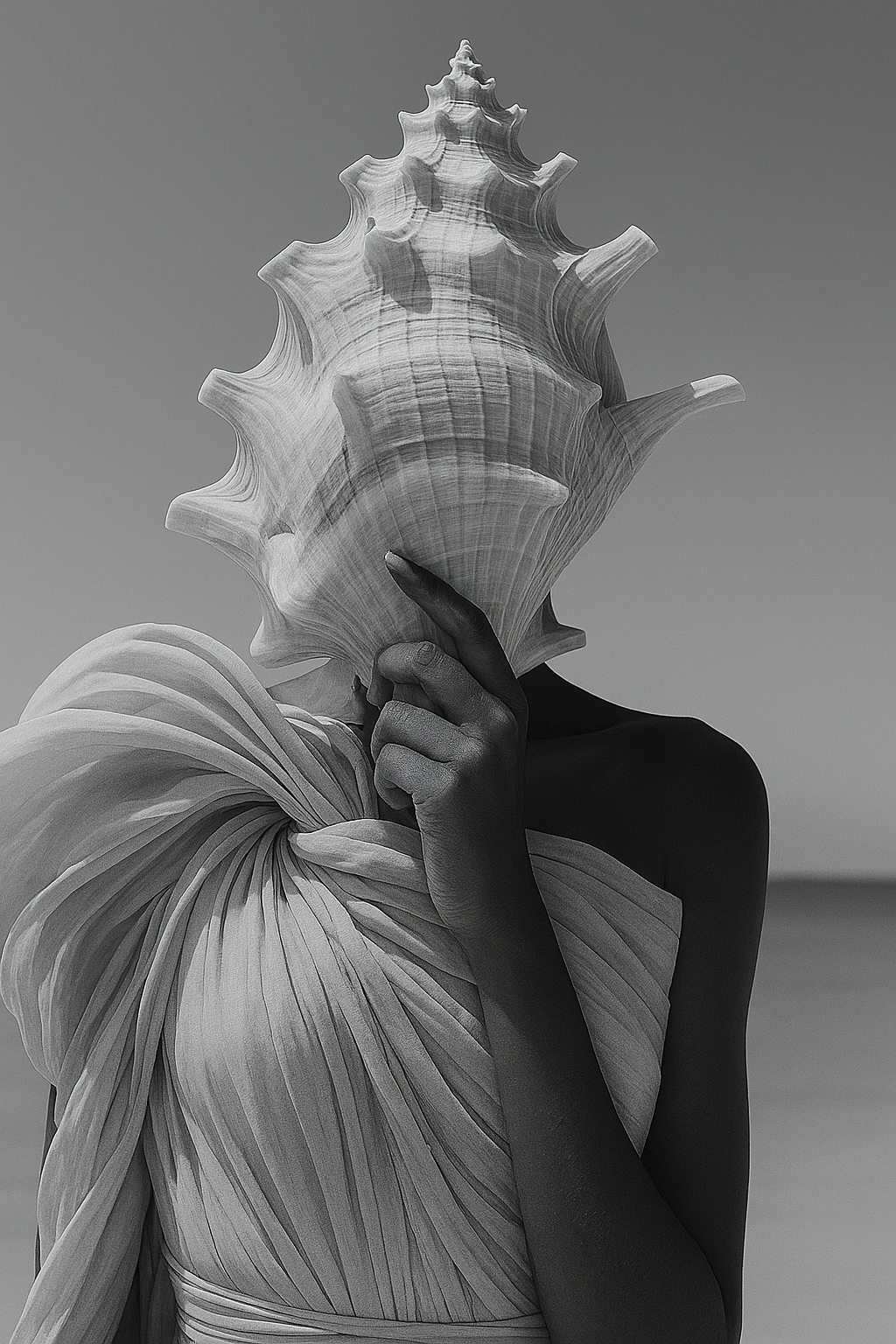 Black and white photo of a person holding a large conch shell in front of their face, wearing a pleated fabric garment with the ocean in the background
