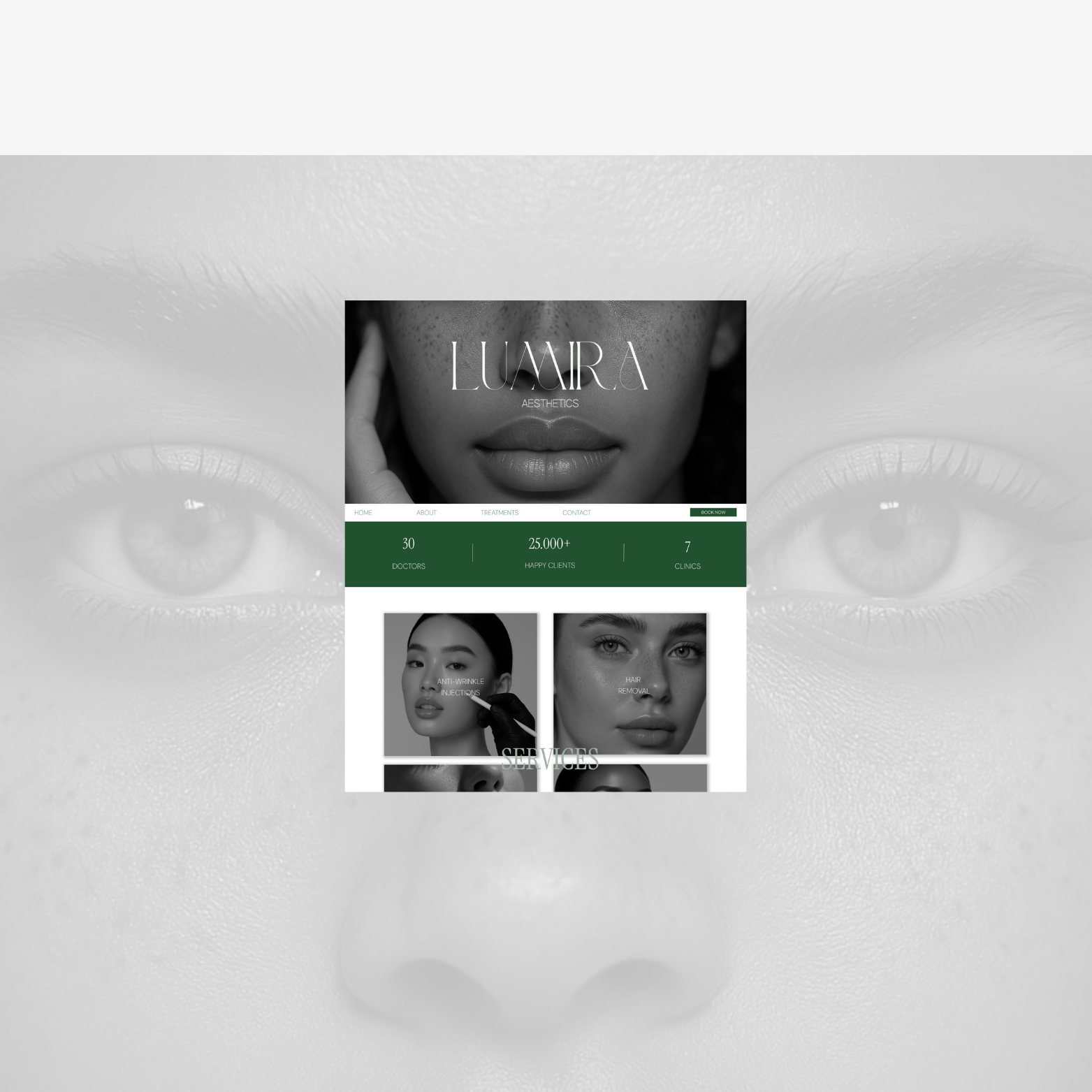 Homepage design for Lumira Aesthetics featuring a minimal black and green color palette, bold hero typography, service previews, and key clinic statistics.