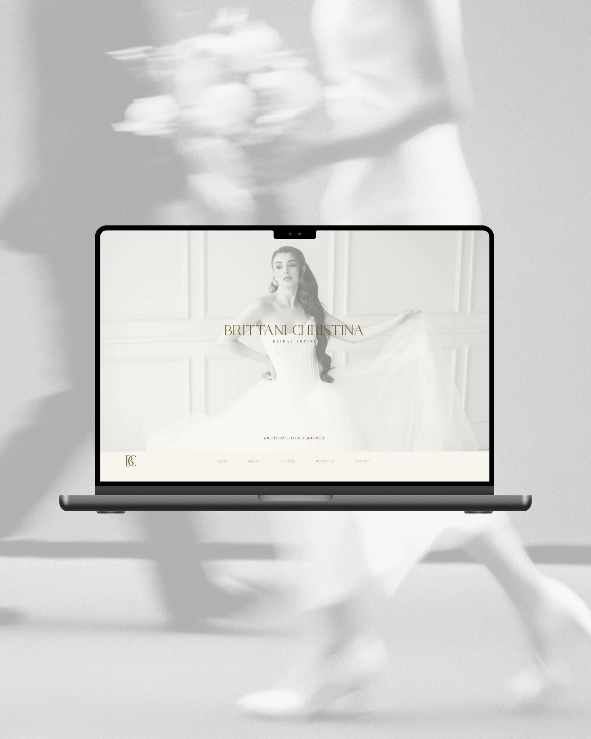 Laptop mockup displaying a luxury beauty website designed by Marchella Creative, showcasing elegant, conversion-focused web design for personal brands.