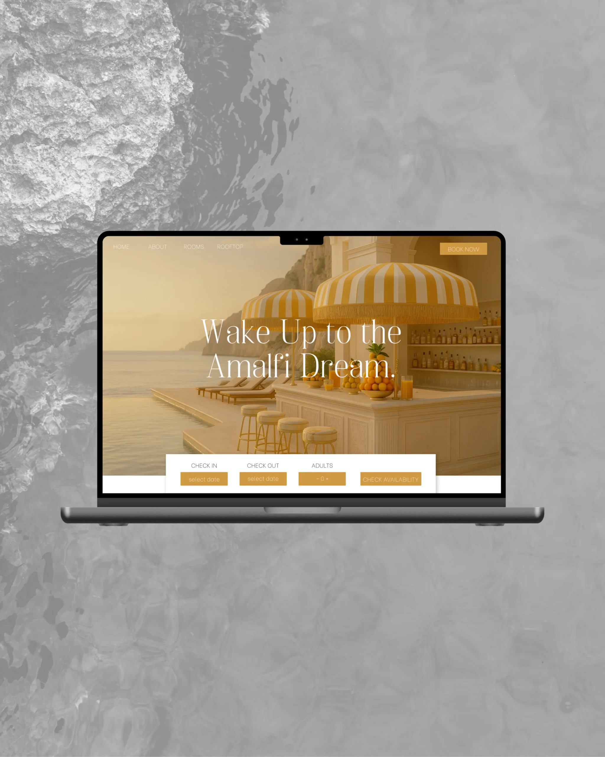 Laptop mockup displaying a luxury hotel website designed by Marchella Creative, showcasing high-end web design for boutique hotels and travel brands.