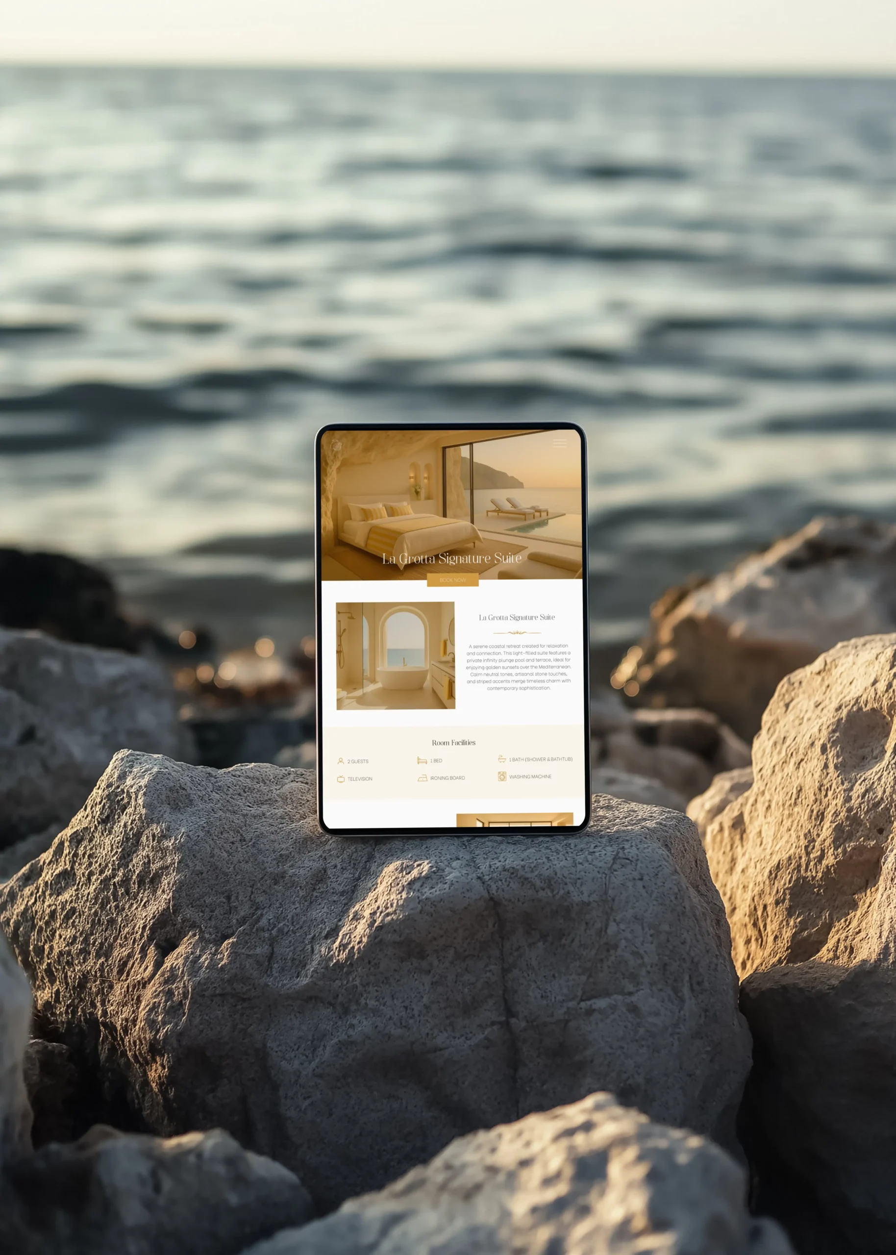 Professional web design by Marchella Creative shown on a tablet mockup, highlighting a high-end hospitality website with elegant room details and user-focused layout.