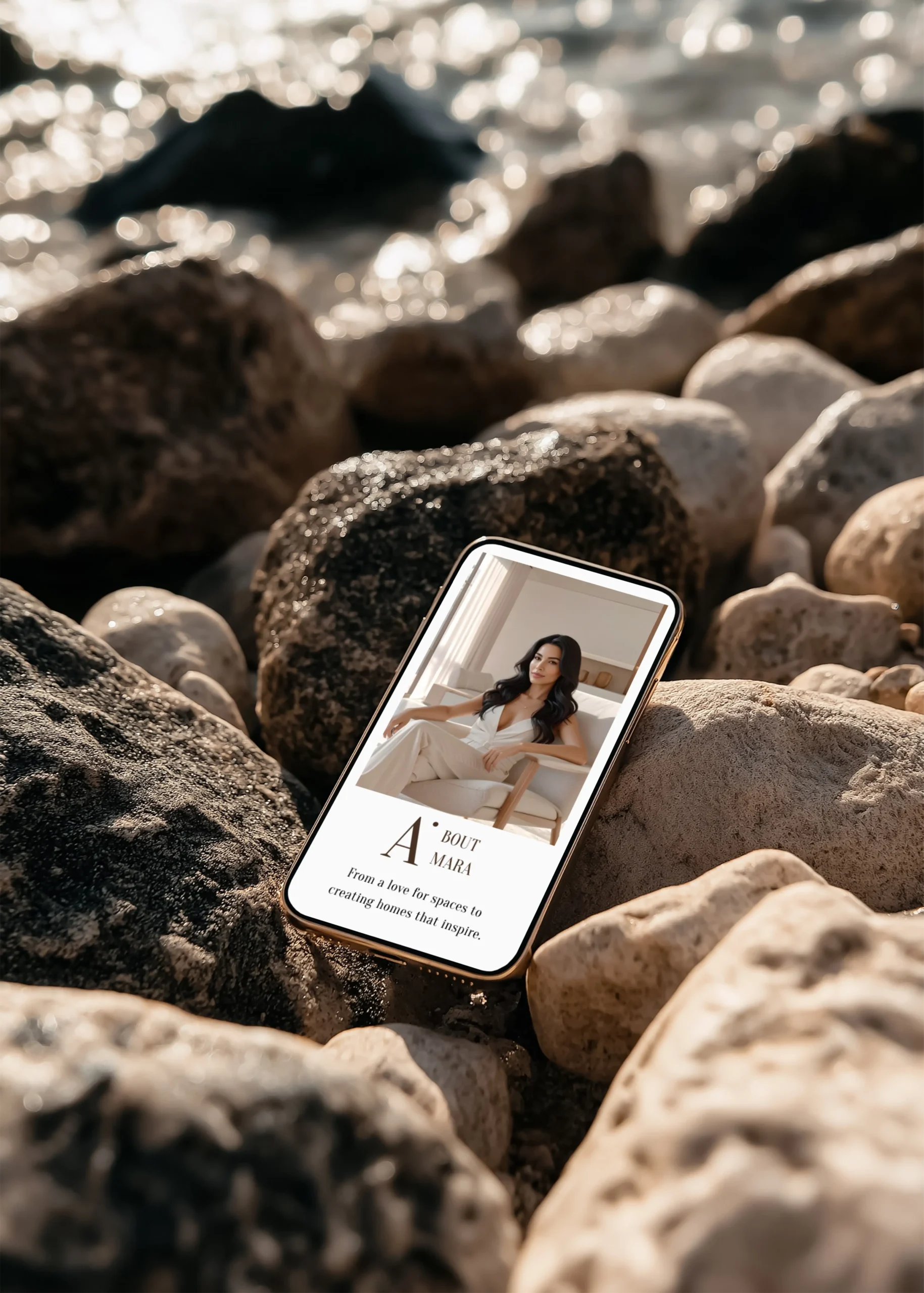 Professional web design by Marchella Creative shown on a mobile mockup, highlighting a refined About page layout for a modern lifestyle brand.