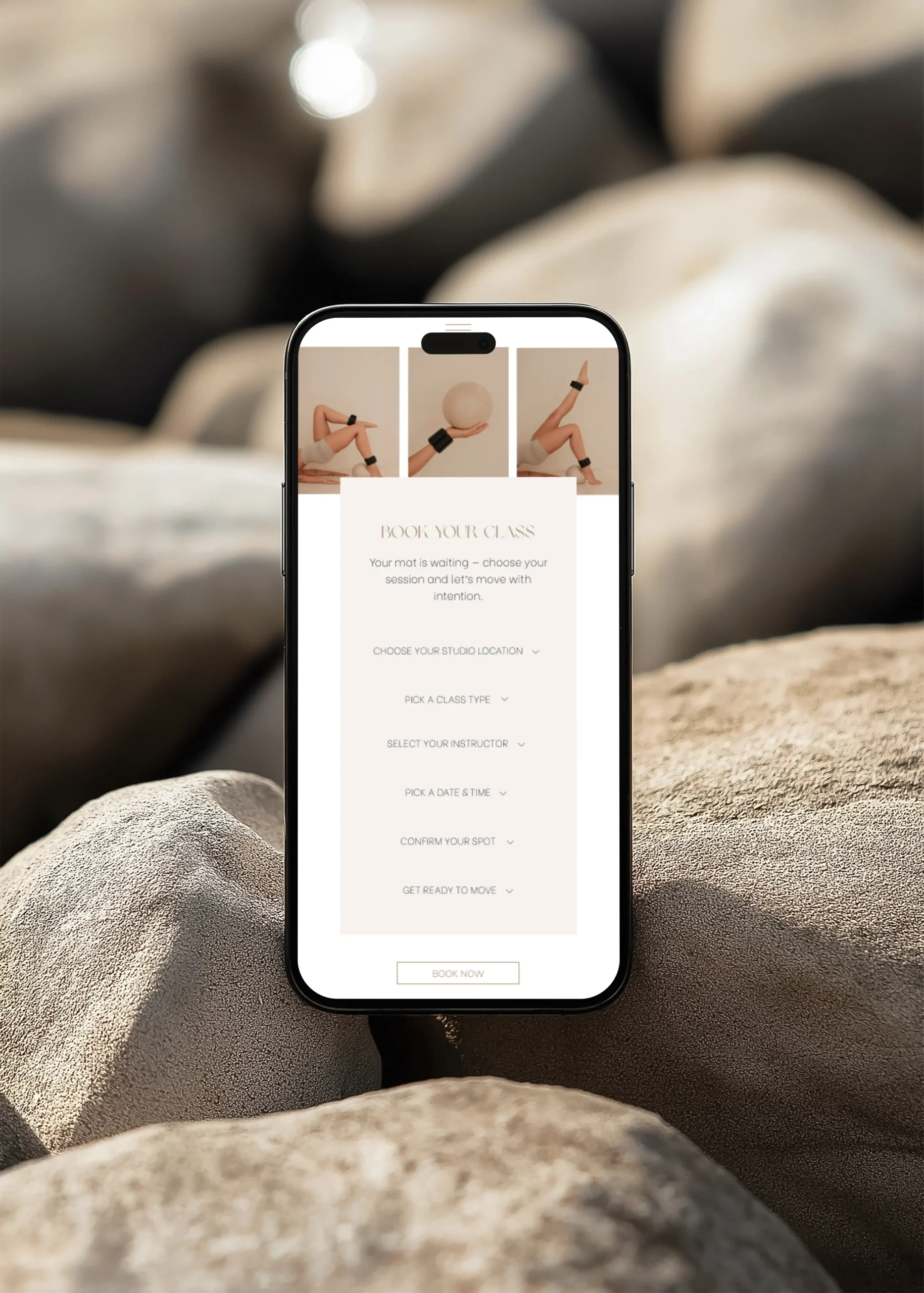 Custom mobile web design by Marchella Creative shown on an iPhone mockup, highlighting a clean booking experience for a pilates studio.