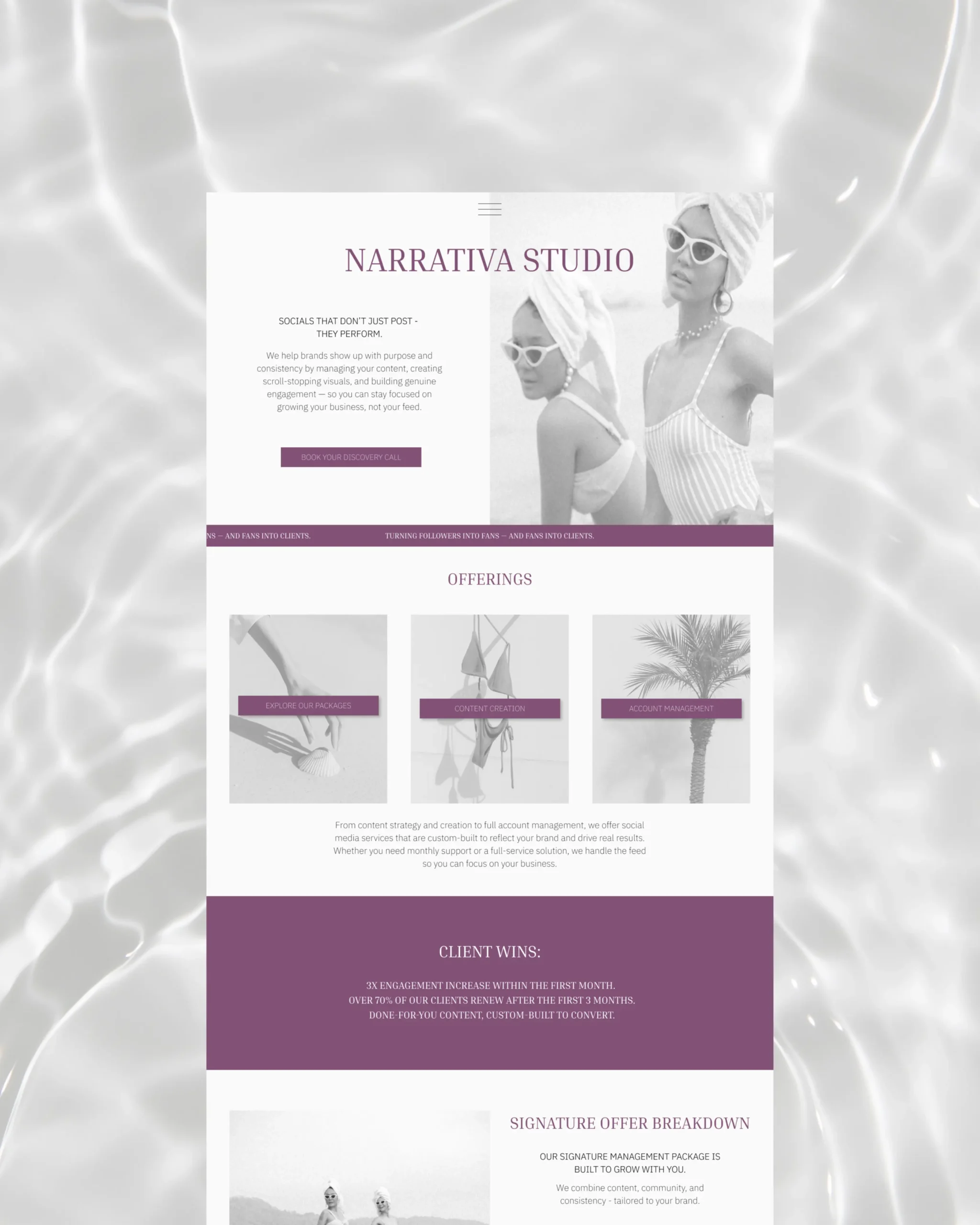 Custom website design for a social media management agency, showcasing a conversion-focused layout with clear service offerings, client results, and strategic calls to action.