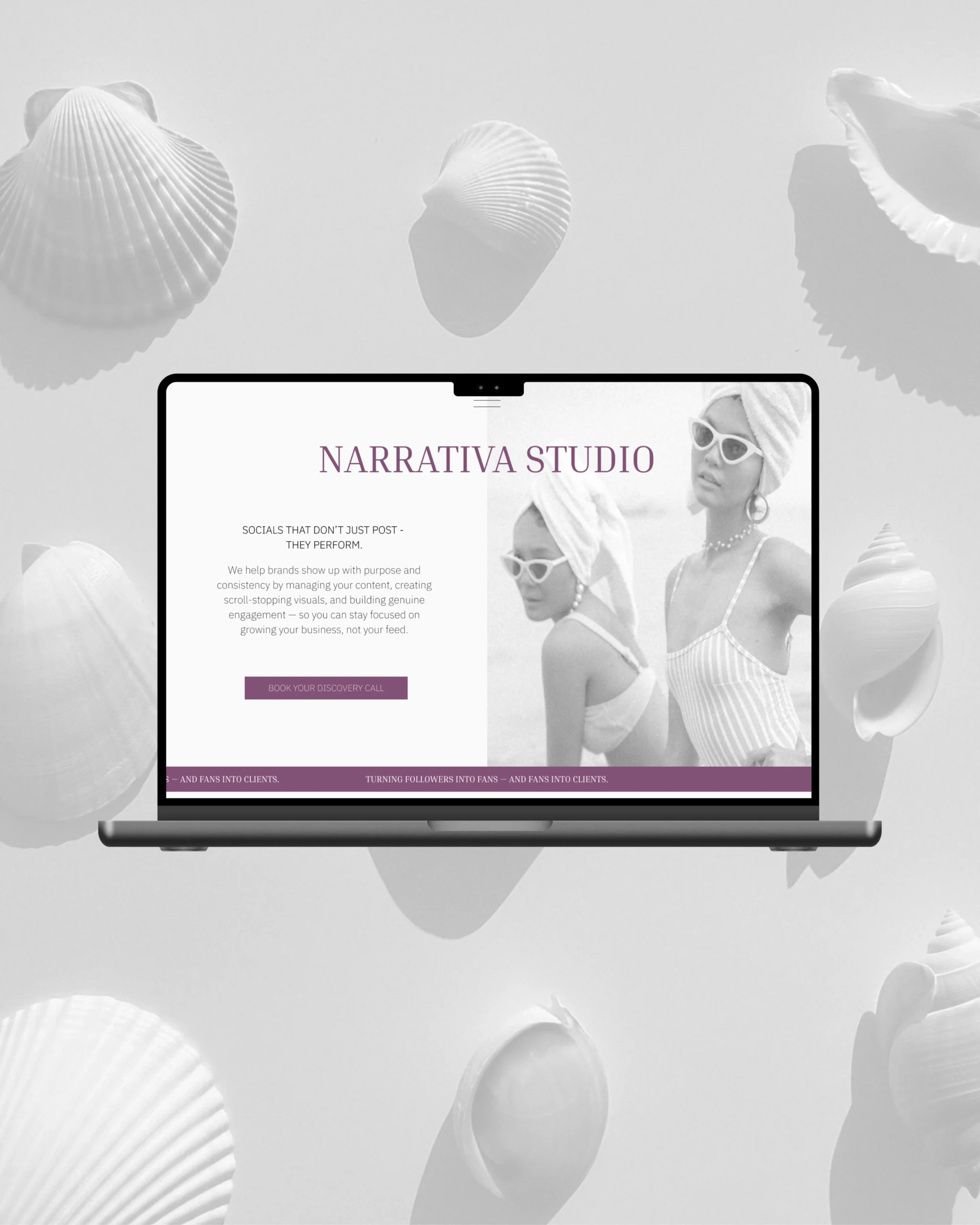 Full-length homepage mockup of Narrativa Studio’s website, showcasing sections for social media services, signature offers, client wins, and calls-to-action – clean layout with muted editorial imagery, purple accents, and strategic messaging for modern brands.