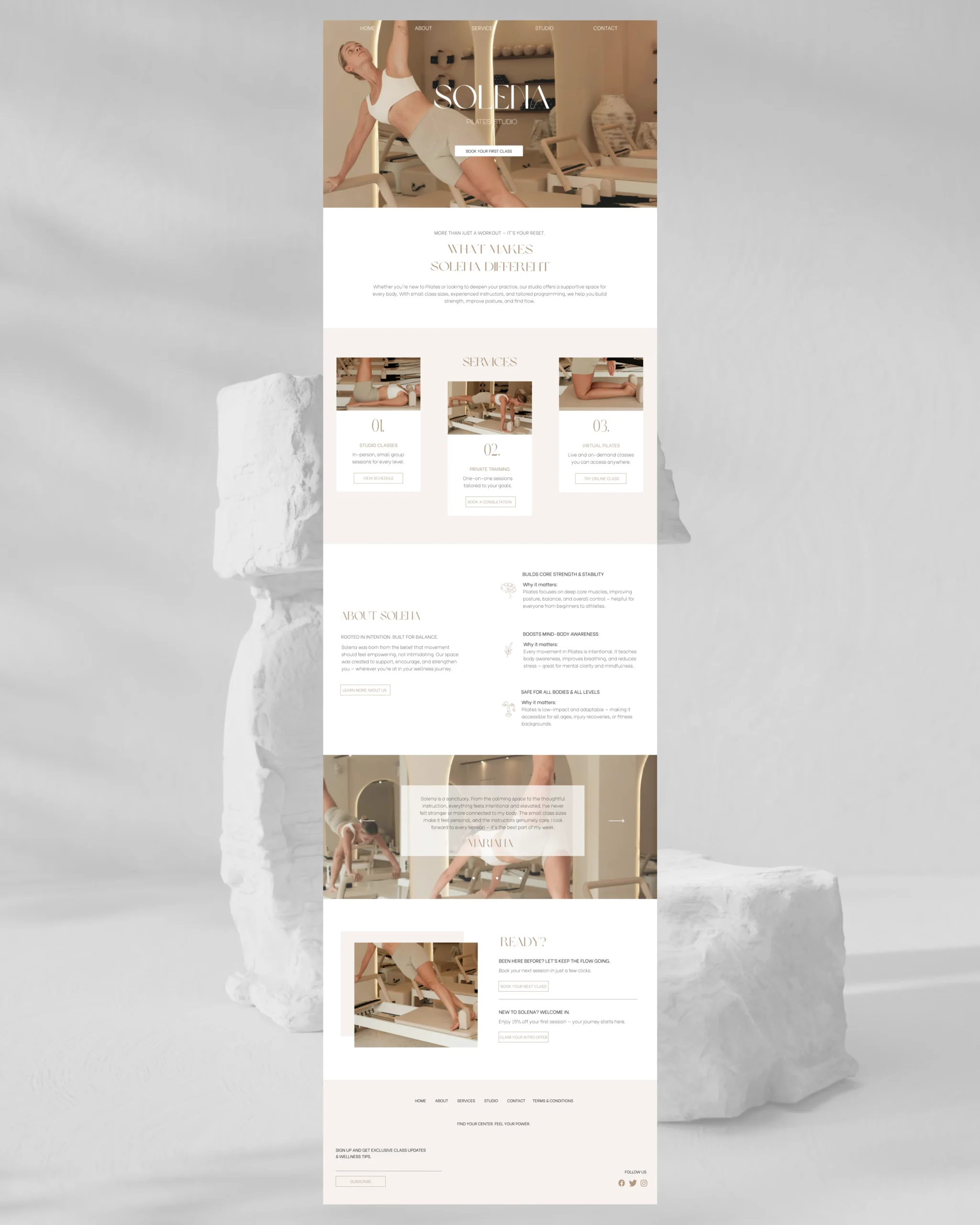 Modern Pilates studio website design by Marchella Creative, highlighting strategic web design for wellness, fitness, and lifestyle businesses.