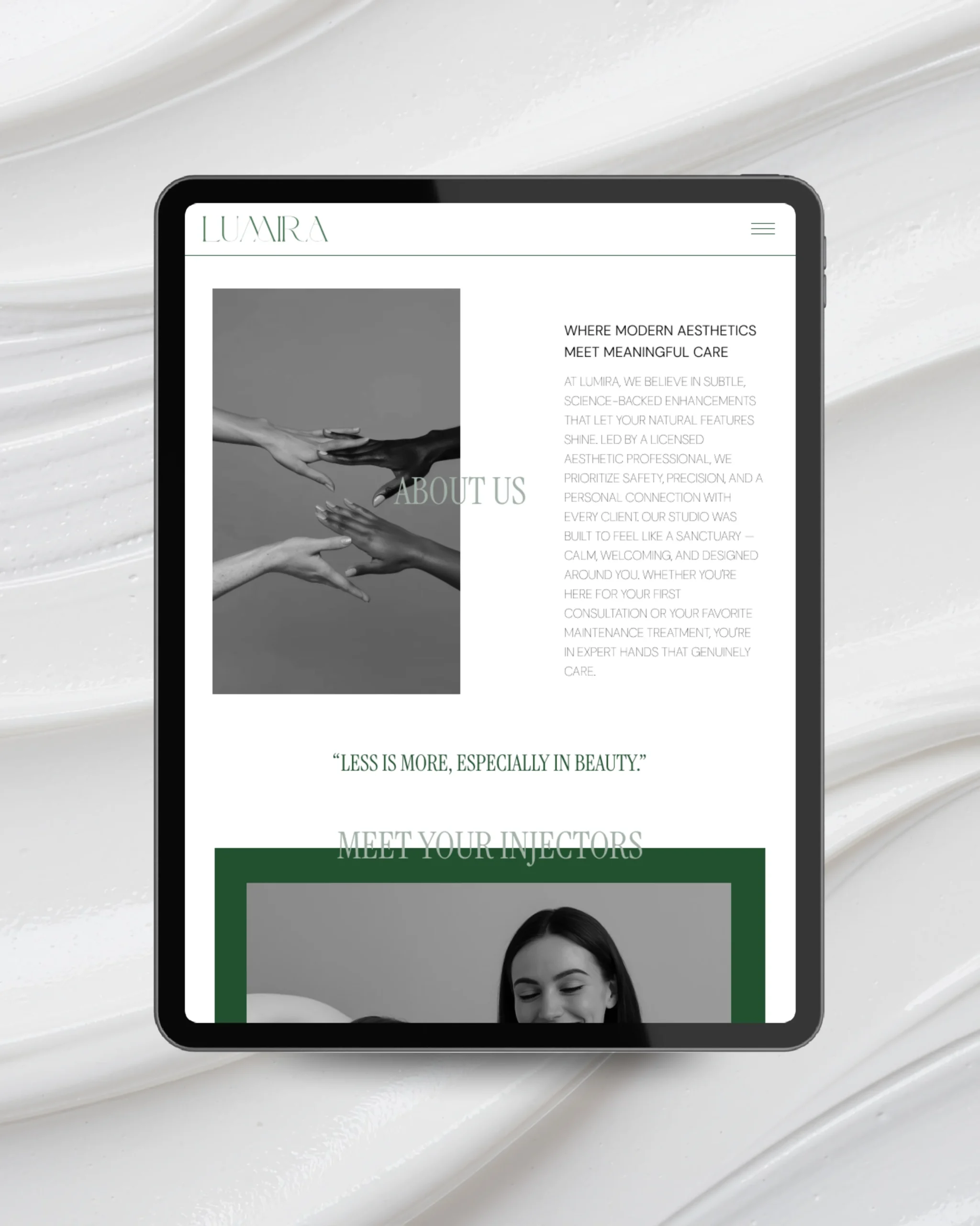Tablet mockup of Lumira aesthetics studio About page featuring modern design, monochrome hand imagery, and minimalist beauty philosophy focused on meaningful care.