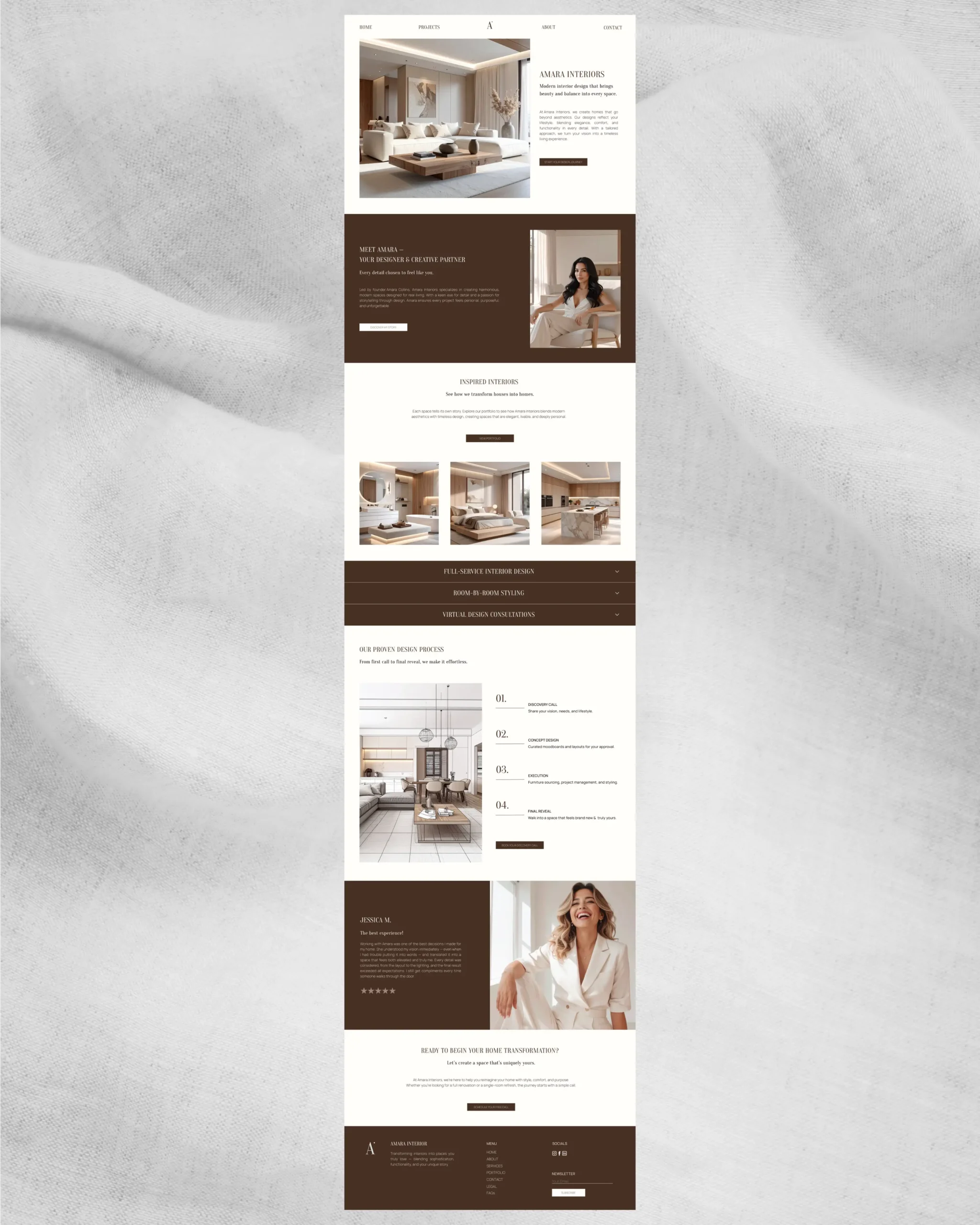 Modern interior design homepage layout for Amara Interiors – featuring warm brown tones, curated project galleries, and service breakdowns