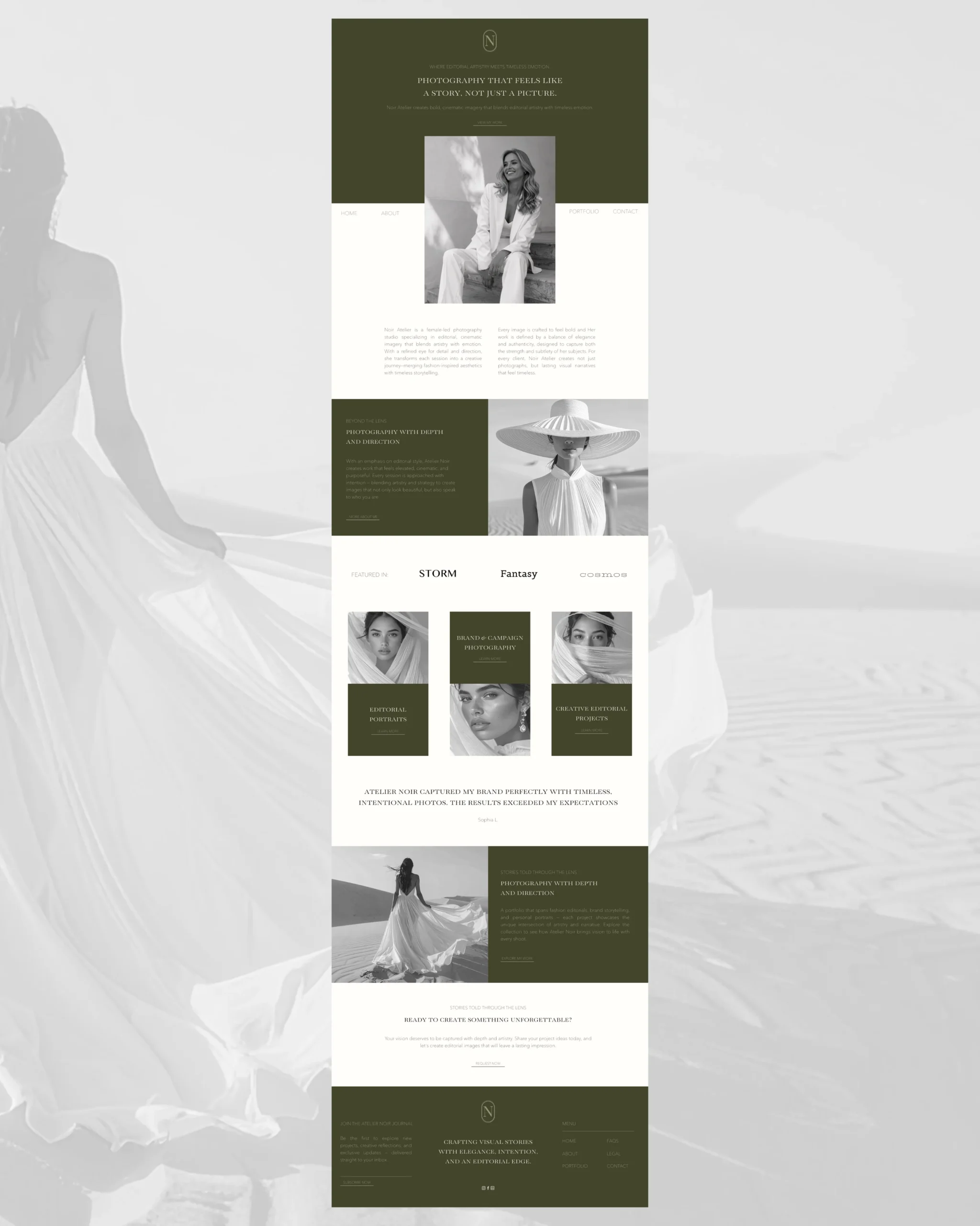 Minimalist editorial-style homepage layout for Noir Atelier, showcasing brand photography and timeless serif typography in olive tones.