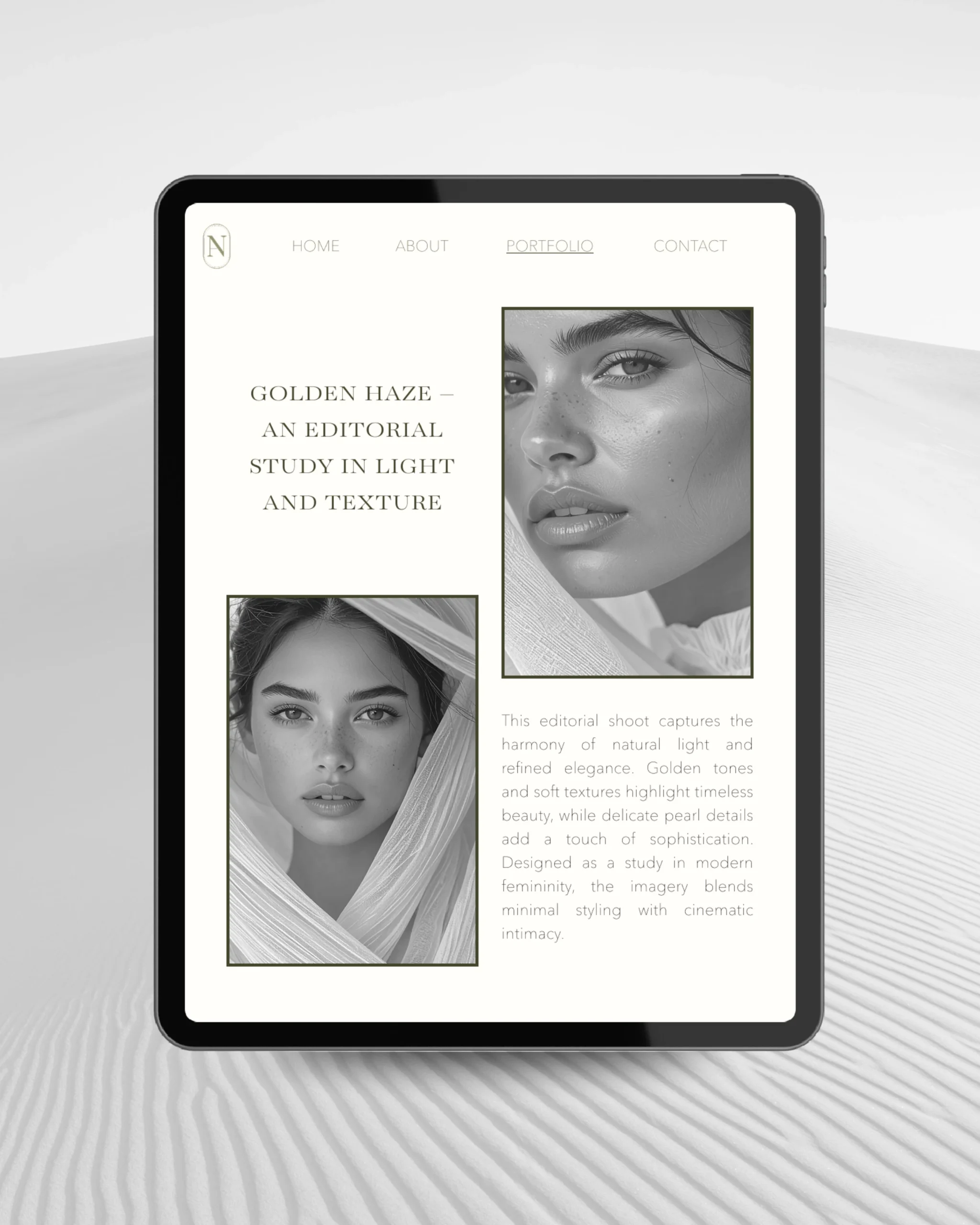 Portfolio section on tablet for Noir Atelier – featuring close-up editorial portraits and refined layout with elegant spacing.