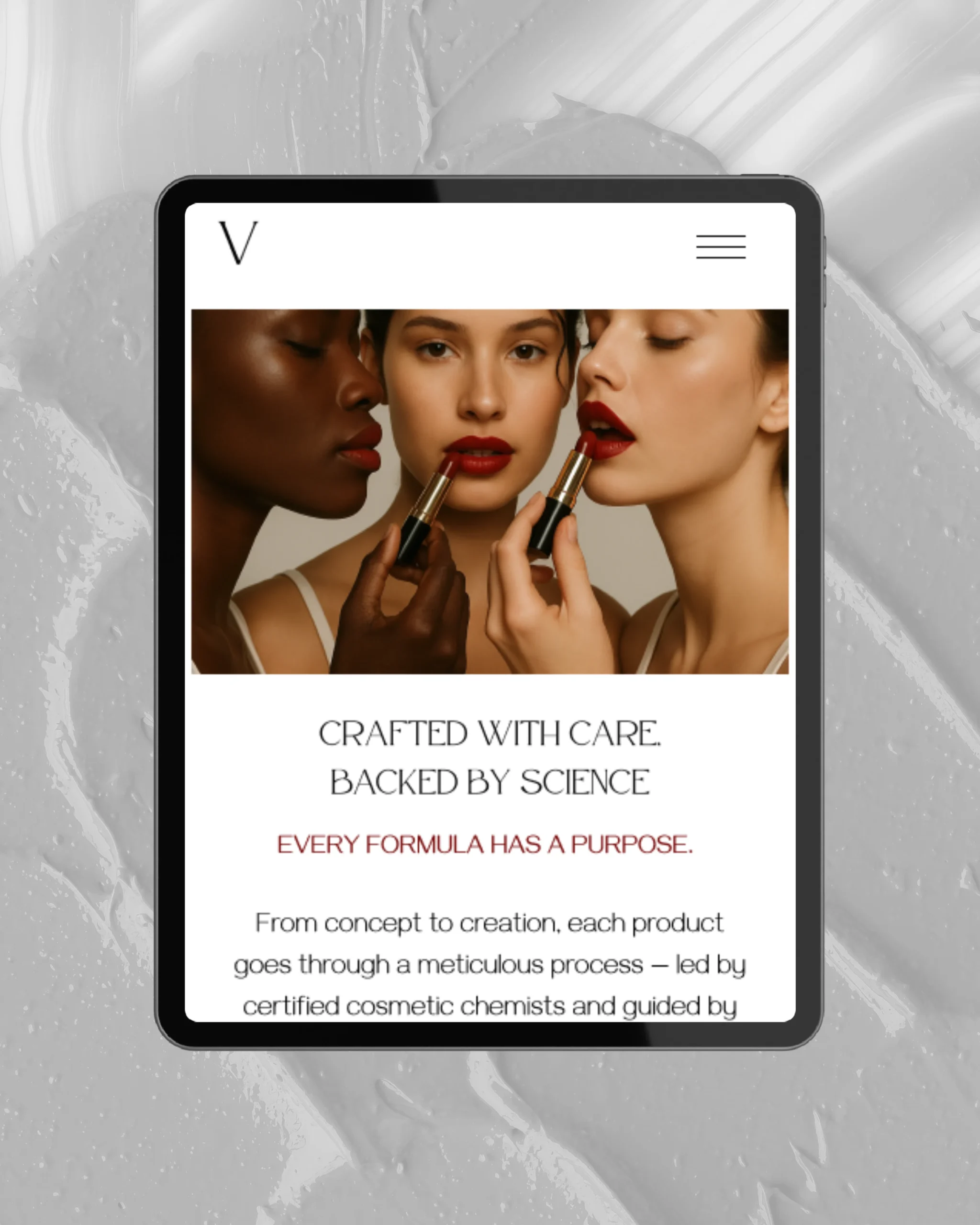 Custom mobile e-commerce web design for a beauty brand, showcasing a high-end homepage layout, clear brand messaging, and conversion-driven structure.