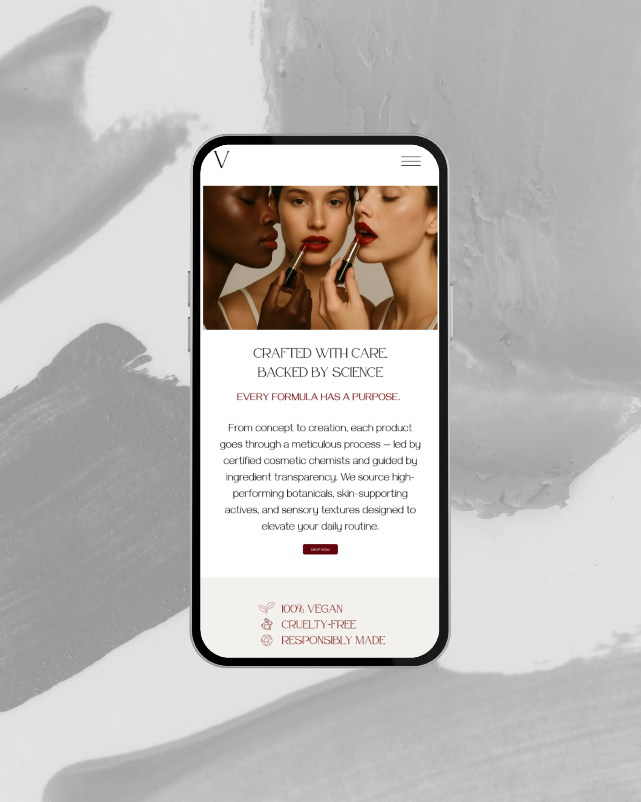 Mobile mockup of a vegan beauty brand's product philosophy page featuring three diverse models applying lipstick, with text emphasizing cruelty-free, science-backed skincare.
