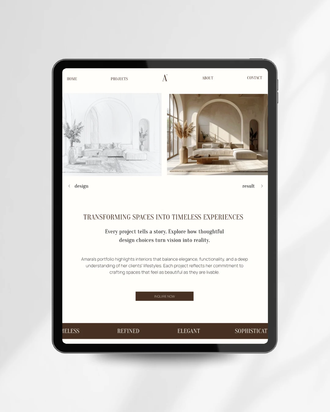 Project showcase section on tablet for Amara Interiors – before-and-after design concept with refined layout and neutral styling.