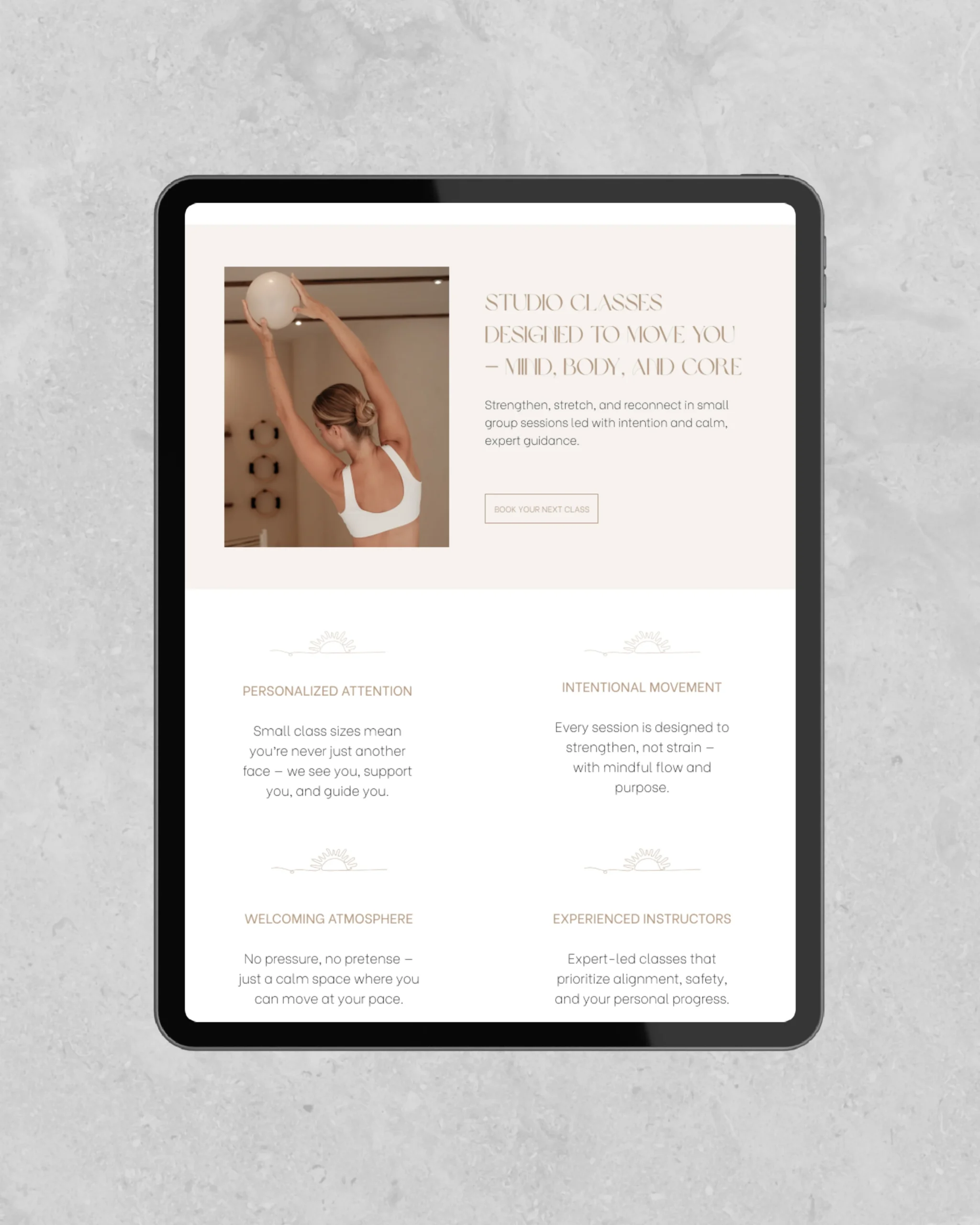 Wellness website design project for a Pilates studio, showcasing a minimal homepage, intentional user flow, and booking-ready structure.