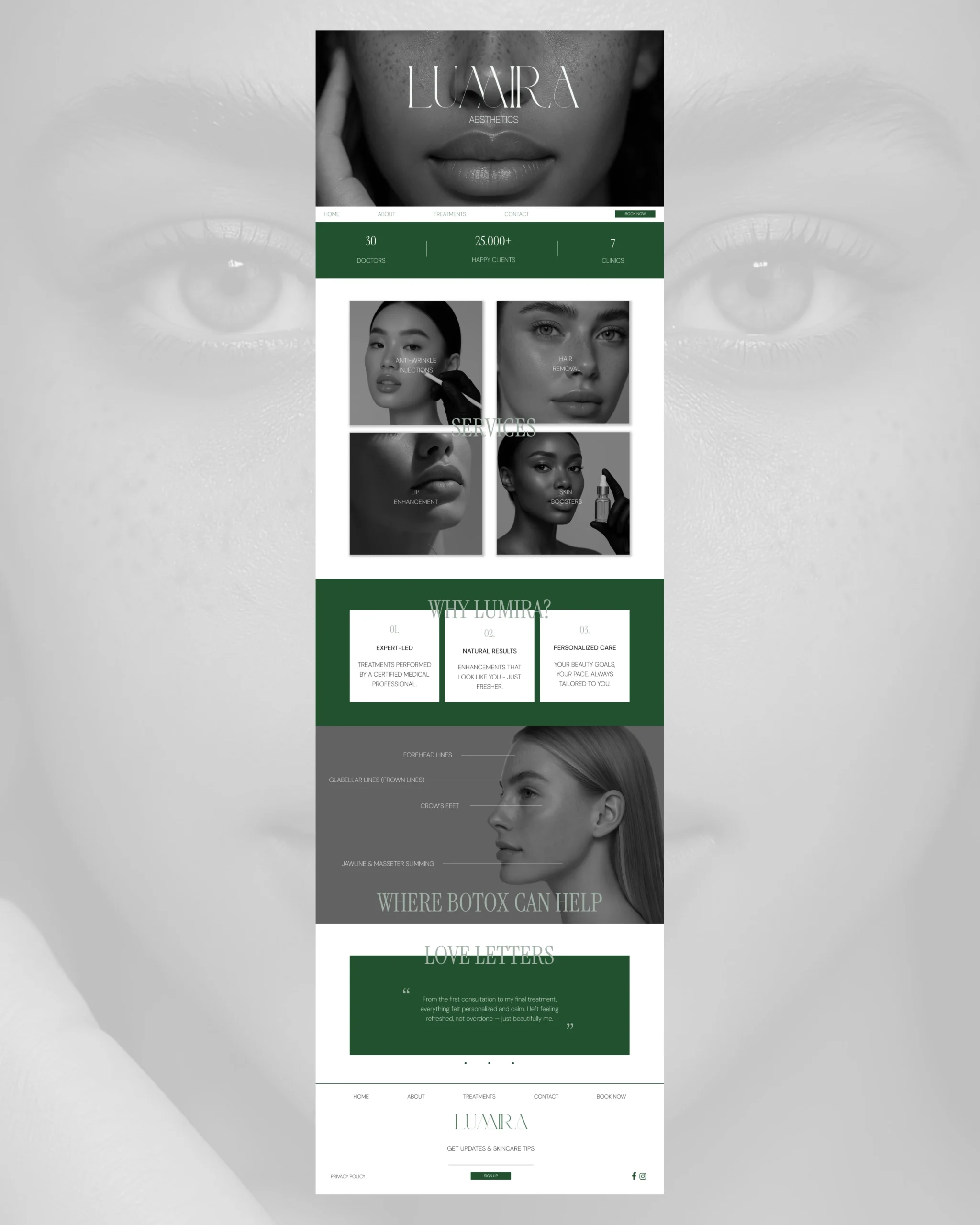 Lumira Aesthetics website mockup showcasing modern skincare treatments, service icons, client reviews, and a minimalist green and black design for a premium beauty clinic.