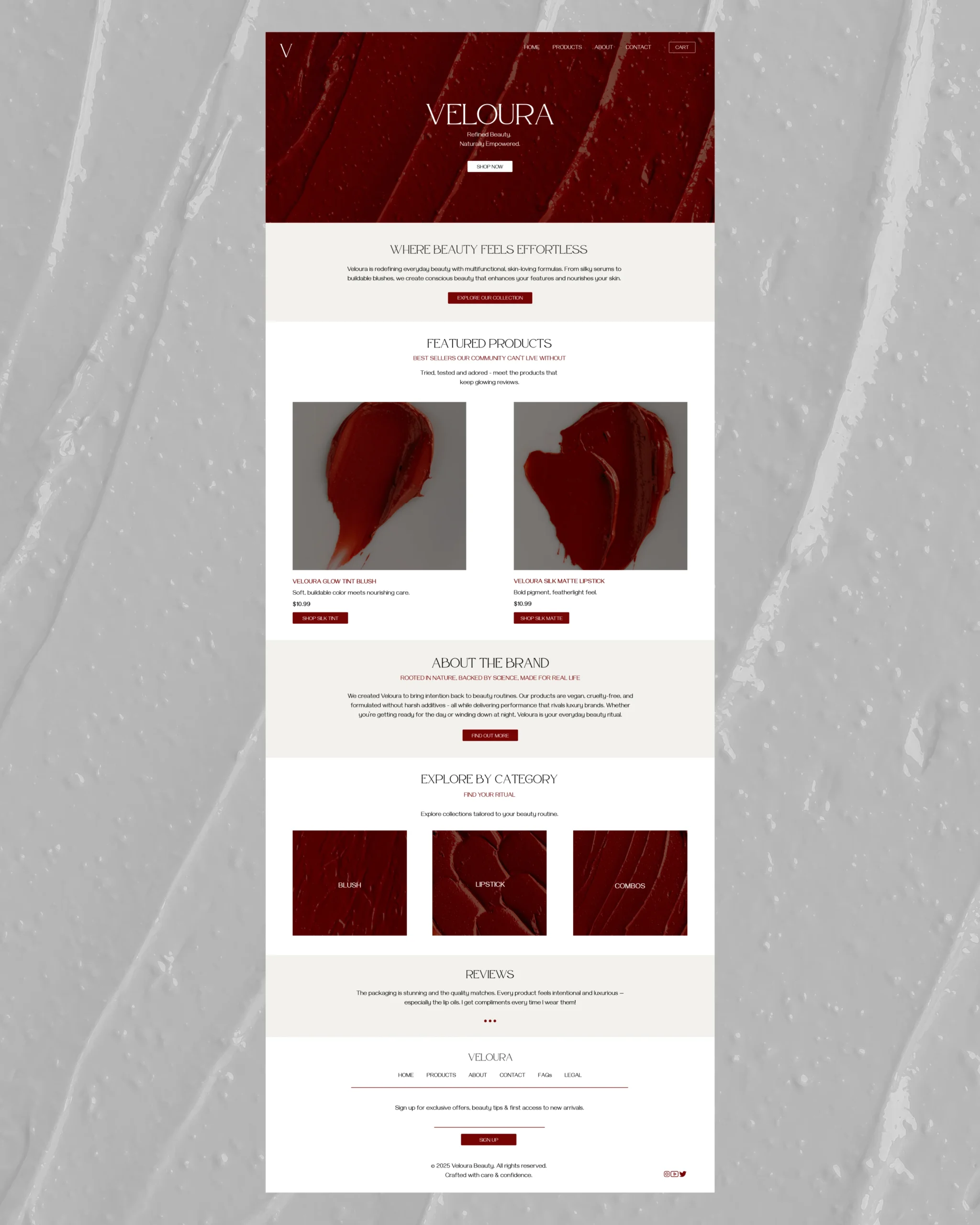Veloura beauty brand homepage mockup featuring deep red tones, lipstick product highlights, category navigation, and a bold editorial layout for a luxury cosmetic line.