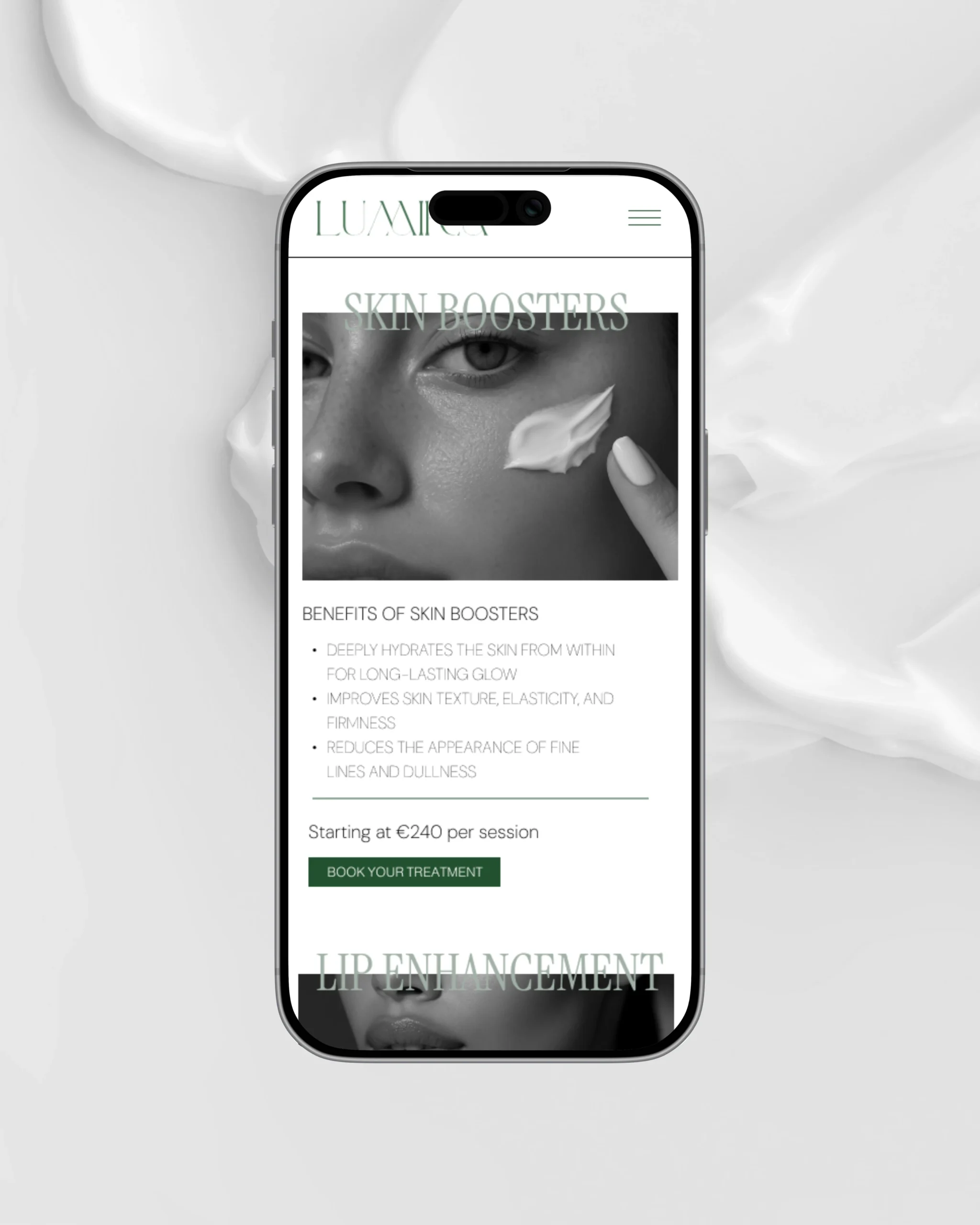 Smartphone screen displaying Lumira website page about skin booster treatments, featuring a model applying cream to her face and treatment details with pricing and booking option.